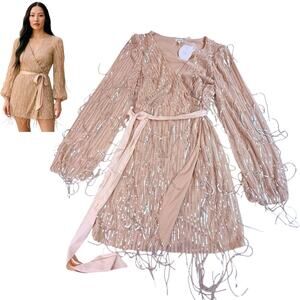 NEW En Creme Mini Robe WRAP DRESS & BELT Silver Sequin Fringe Women's MED Nude